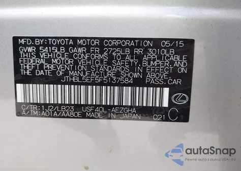 2015 Lexus Ls 460 from USA, damaged, VIN JTHBL5EF5F5137584